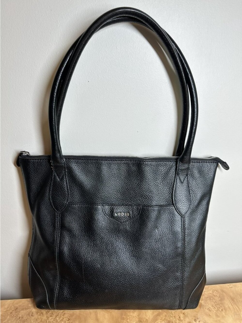 Lodis Black Pebbled Leather Tote Bag Shoulder Purse Floral Lining Work Travel - Picture 2 of 9